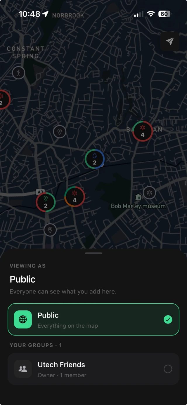 The Viewing as sheet sitting over the map: Public selected with a green
                        tick and described as everything on the map, and below it Your groups,
                        listing Utech Friends.