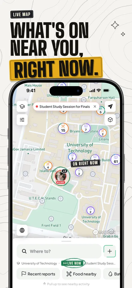 What's on near you, right now. The live map of UTech in light mode, with a live event pin showing its photo and the area sign reading Live now.