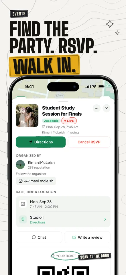 Find the party. RSVP. Walk in. An event page for a student study session, live now, with Directions, Chat, Write a review and your ticket.