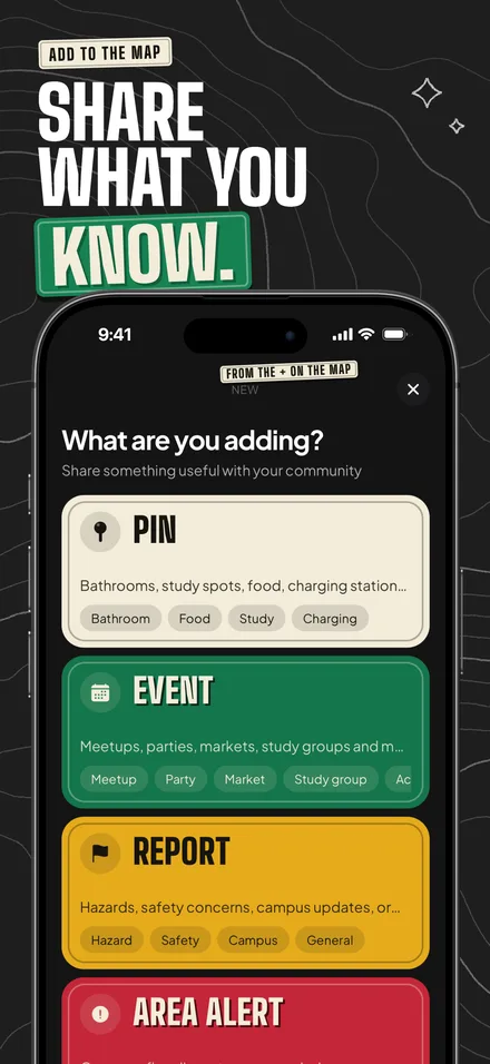 Share what you know. The What are you adding? screen as four painted boards: pin, event, report and area alert.