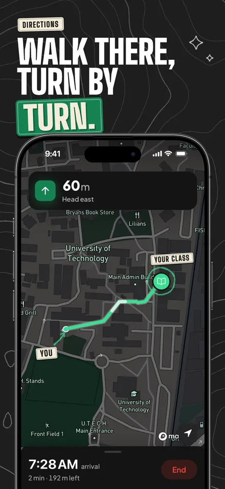 Walk there, turn by turn. Walking directions across UTech to a study spot, sixty metres to the next turn and two minutes left.