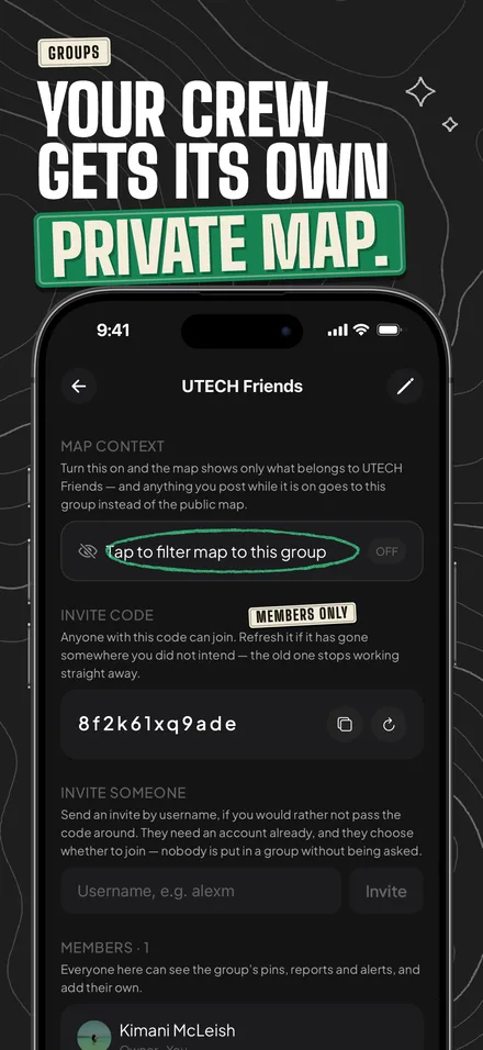 Your crew gets its own private map. A group's page with the switch that filters the map to the group, its invite code and invite by username.