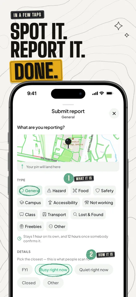 Spot it. Report it. Done. The Submit report form with the type and how it is right now chosen, and a note that it stays an hour on its own.